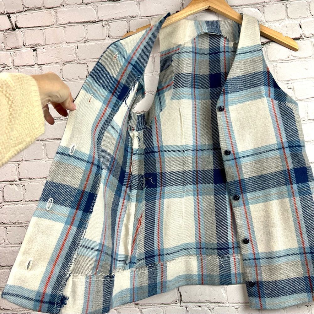 Vintage 60s Handmade Blue Flannel Wool Plaid Button Front Vest - Picture 7 of 8